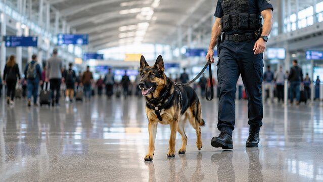 Airport security event police dog and officer patrol international airport photography indoor ground level safety and security awareness