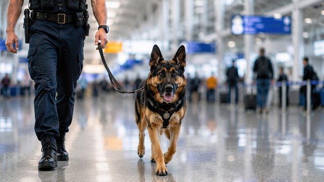Police dog unit patrols airport terminal ensuring safety for travelers professional canine handler busy travel hub indoor setting security and vigilance in action