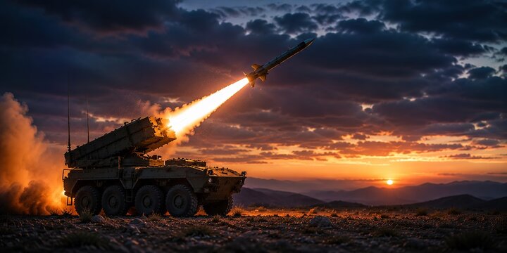 Missile launching action military vehicle sunset landscape warzone environment dynamic viewpoint strategic defense concept