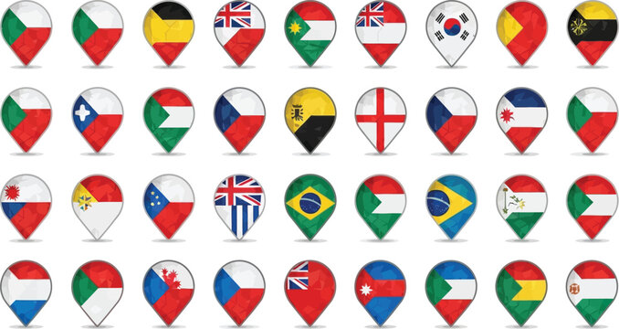 World flags in map pin icons collection for global location and international