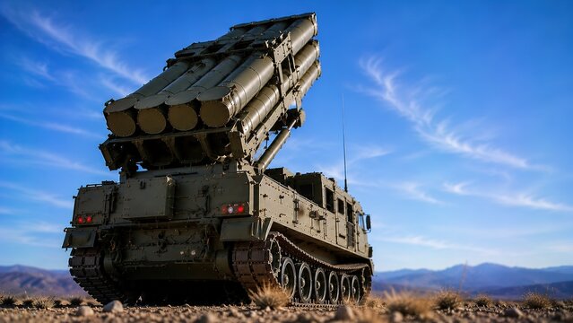 Military launch vehicle testing desert location high-resolution photography clear sky environment rear viewpoint defense technology concept for seo impact