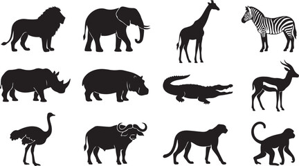 Obraz premium Black silhouette safari animals bundle isolated on white.