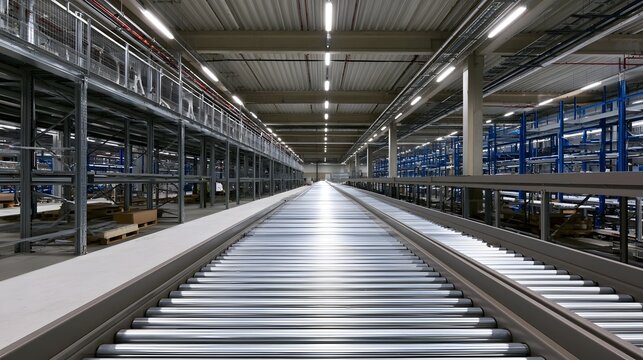 An empty well lit industrial warehouse facility featuring metal shelving and structural beams