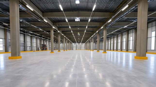Vast industrial warehouse interior featuring exposed metal beams and bright overhead lighting