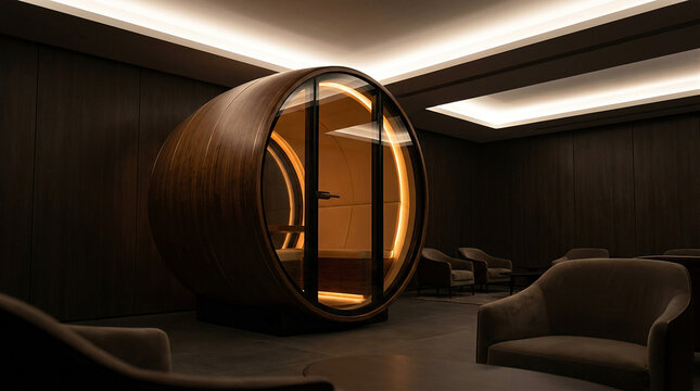 Modern Circular Sleep Wellness Pod Mockup in Corporate Office Lounge