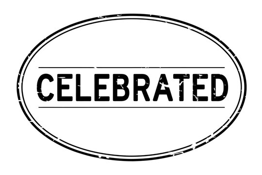 Celebrated rubber stamp seal with distressed texture and oval shape
