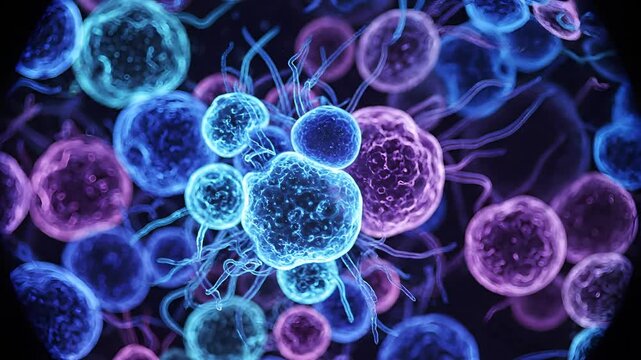 Microscopic view of glowing cancer cells multiplying and spreading in the body.