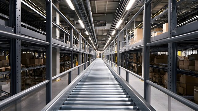 A long empty industrial corridor filled with metal shelving and bright overhead lighting