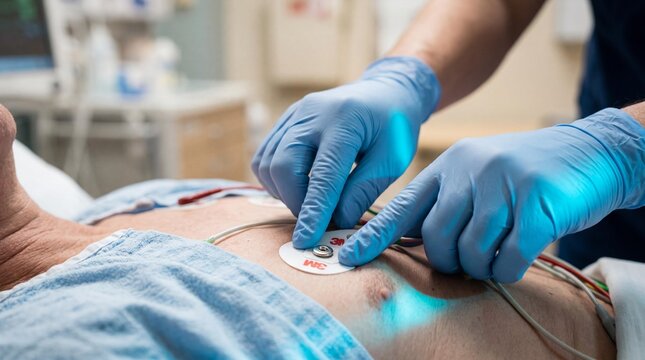 Medical professional applying defibrillator pads on a patient's bare chest in a hospital setting for emergency treatment