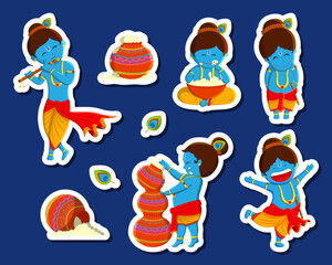 Fototapeta premium Vector illustration of isolated Baby Krishna stickers set
