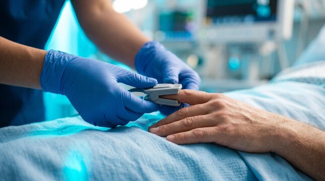 Medical professional attaching pulse oximeter to patient's finger in hospital setting for oxygen saturation monitoring