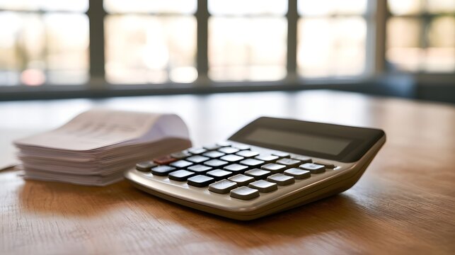 A calculator and scattered receipts are displayed on a desk illuminated by natural daylight streaming through a window suggesting a theme of focused