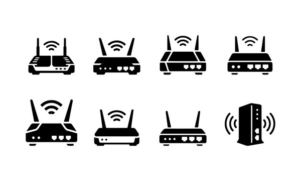 WiFi router icon set with solid dual antenna ethernet port modem and cable box for network UI