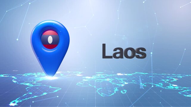 Laos Flag Inside Location Pin On Digital World Map Animation