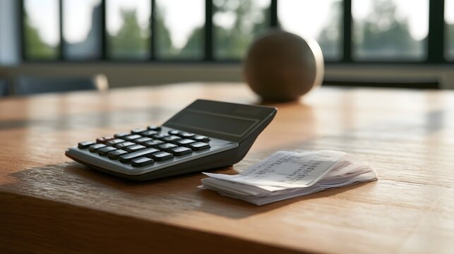 A calculator and scattered documents rest on a wooden desk bathed in natural daylight symbolizing business planning and strategy