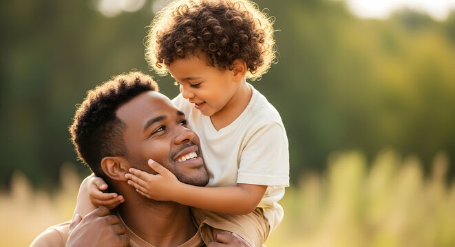 Joyful father day moment loving african american dad giving a piggyback ride to his son