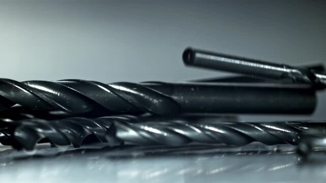 Closeup steel drill bits on reflective surface, slow motion reveal Filmed on a high-speed camera at 1000 fps.