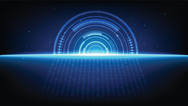 Abstract tech background featuring neon glowing radar interface, bright horizon light and binary code path