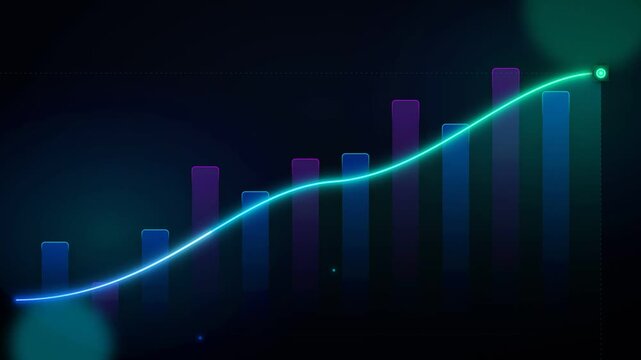 Glowing digital bar chart displays upward financial progress and market growth trends in this dynamic animated motion graphics video clip