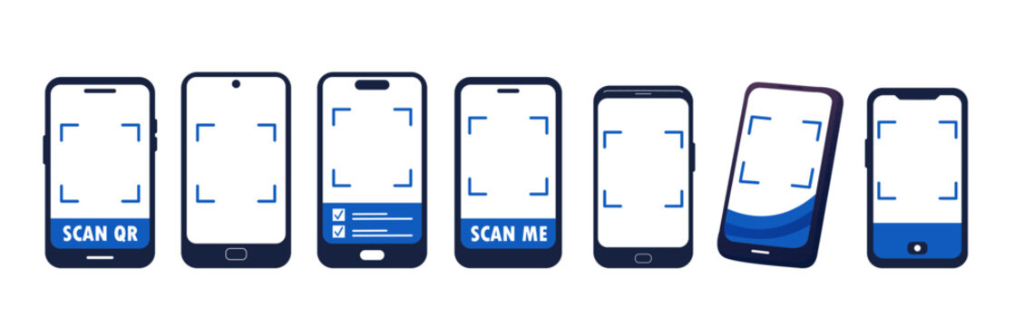 Qr scan code icon design pack featuring phone frame layouts for scan me systems and mobile apps. These scan me frame visuals work well for tech or digital promotion.