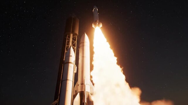 A powerful rocket launches into the dark night sky above