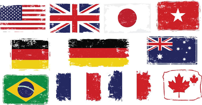 Collection of distressed grunge style world national flags on white background