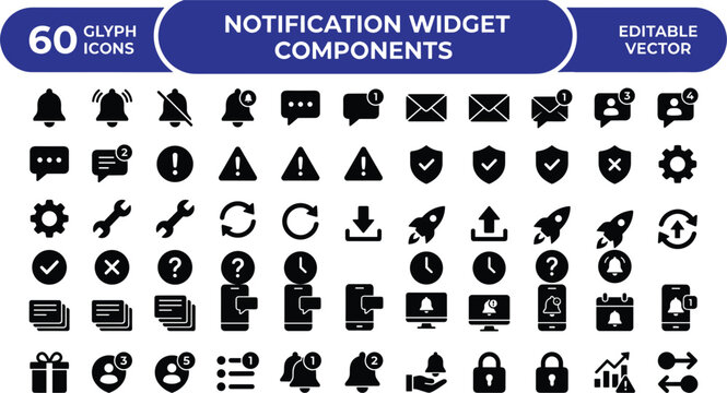 Notification Widget Components Glyph Icons Set for Alerts, Messages, Status Badges, Security, and App Interface Design