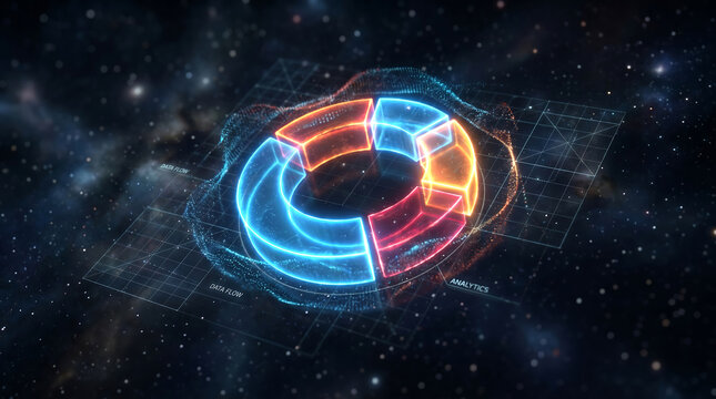 Futuristic 3d donut chart with glowing data flow visualization and analytics interface in deep space