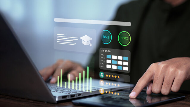 Professional using online education dashboard with e learning analytics, course management, student performance tracking and digital learning technology on laptop and tablet.