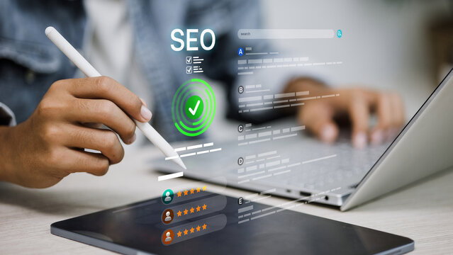 SEO Content Analysis and Website Optimization with Digital Marketing Dashboard on Tablet and Laptop