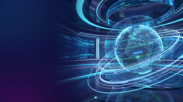 Digital globe with data network connections in a futuristic virtual news studio background
