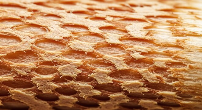 Close-up macro texture of honeycomb with golden syrup dripping