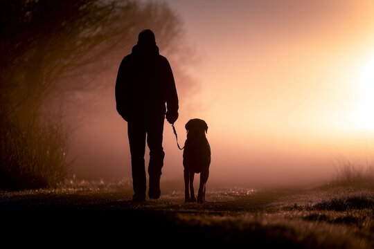 Silhouette of a lonely man walking his faithful dog on a quiet path during a beautiful golden sunrise with soft mist and warm ambient light tones in nature outdoors