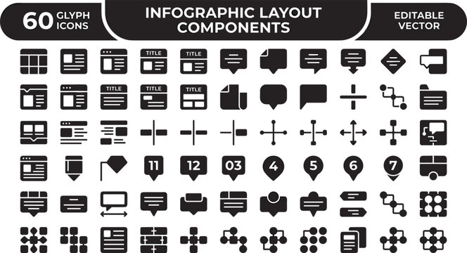 Infographic Layout Components Glyph Icons Set for Content Blocks, Callout Panels, Hierarchy, and Presentation Interface Design