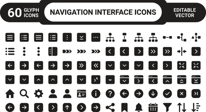 Navigation Interface Icons Glyph Set for Menu Buttons, Arrows, Hierarchy Controls, Pagination, and Web App Design