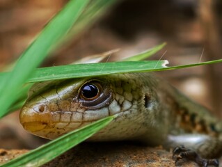 Fototapeta premium Close up of Garden Skink Head Hiding Behind Grass