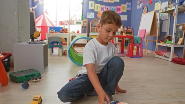 Boy kneeling and pushing a toy truck across a playroom floor with tunnel and alphabet wall in building; playful curiosity.