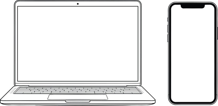 Modern open laptop computer and smartphone mockup vector illustration with blank white screens isolated on a clean white background.