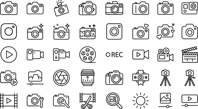 Photography and video production line icon set vector illustration featuring camera lens tripod film clapperboard and media player symbols.