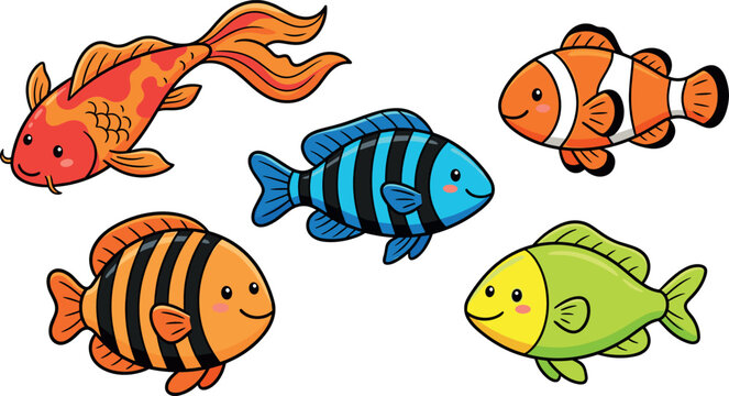 Vector collection of cute cartoon fish characters including koi clownfish and striped tropical reef species isolated on white background for marine life and children decorative designs.