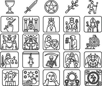 Tarot Card Major Arcana Icon Set with Mystic Symbols for Spiritual, Occult, and Esoteric Designs