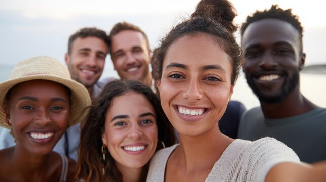 Group of diverse friends smiling together while taking a selfie on a beach during sunset, showcasing joy and camaraderie in a natural outdoor setting