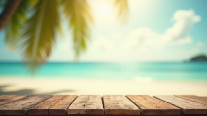 Fototapeta premium blur tropical beach with bokeh sunlight and palm tree on empty old wood table with copyspace, vintage product presentation in nature, abstract wave background with retro tone filter