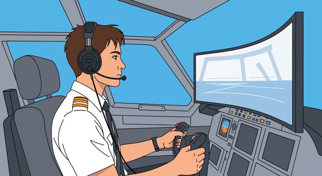 Pilot in cockpit using simulator, flight training, aviation career