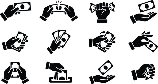 Hand Holding Money Black Icon Set Vector Cash Payment Giving Receiving Finance Collection