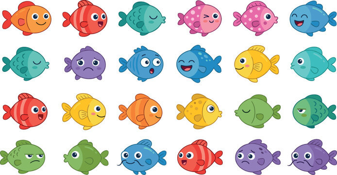 Large vector set of cute cartoon fish characters with different facial expressions and emotions isolated on white background for marine life emoji and children decorative designs.