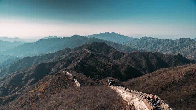 Aerial Perspective Of The Great Wall Amongst Autumn Peaks