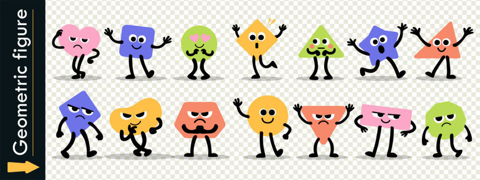 Geometric figure icons with cute abstract face design and smooth pastel colors. Each geometric figure face expresses emotion through simple shapes.
