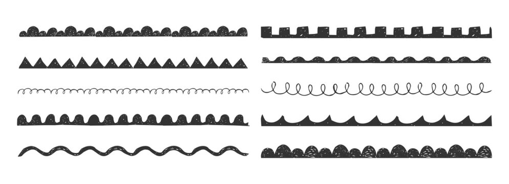Scalloped border simple divider ornament scribble edge cutout decoration set chalk or crayon texture. Wavy edge frames brush, dividers.