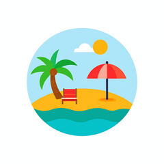 Obraz premium A simple flat icon depicting a tropical island scene with a palm tree, lounge chair, and umbrella under a sunny sky, representing vacation and relaxation.